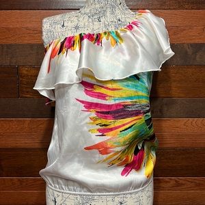 No Brand Tag Ruffled One Shoulder Scoop Neck Floral Blouse